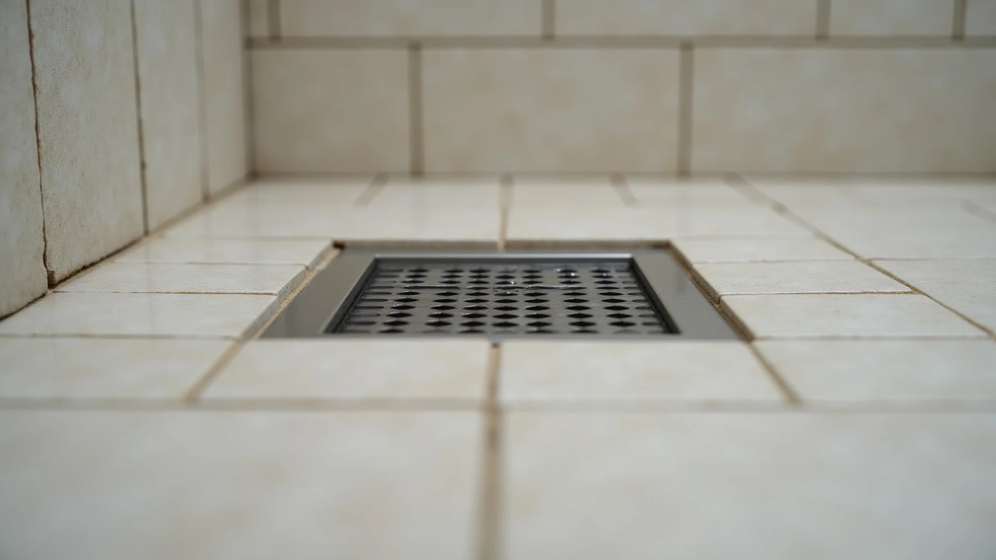 Detalhe de um ralo quadrado oculto revestido com o mesmo material do piso, criando aparência uniforme.