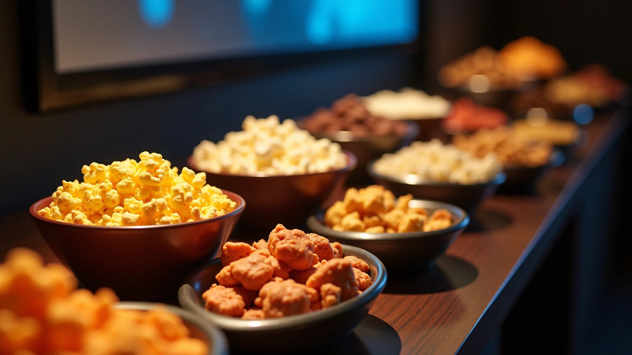 Bar de pipoca estiloso em uma sala de cinema em casa, com coberturas e petiscos variados.