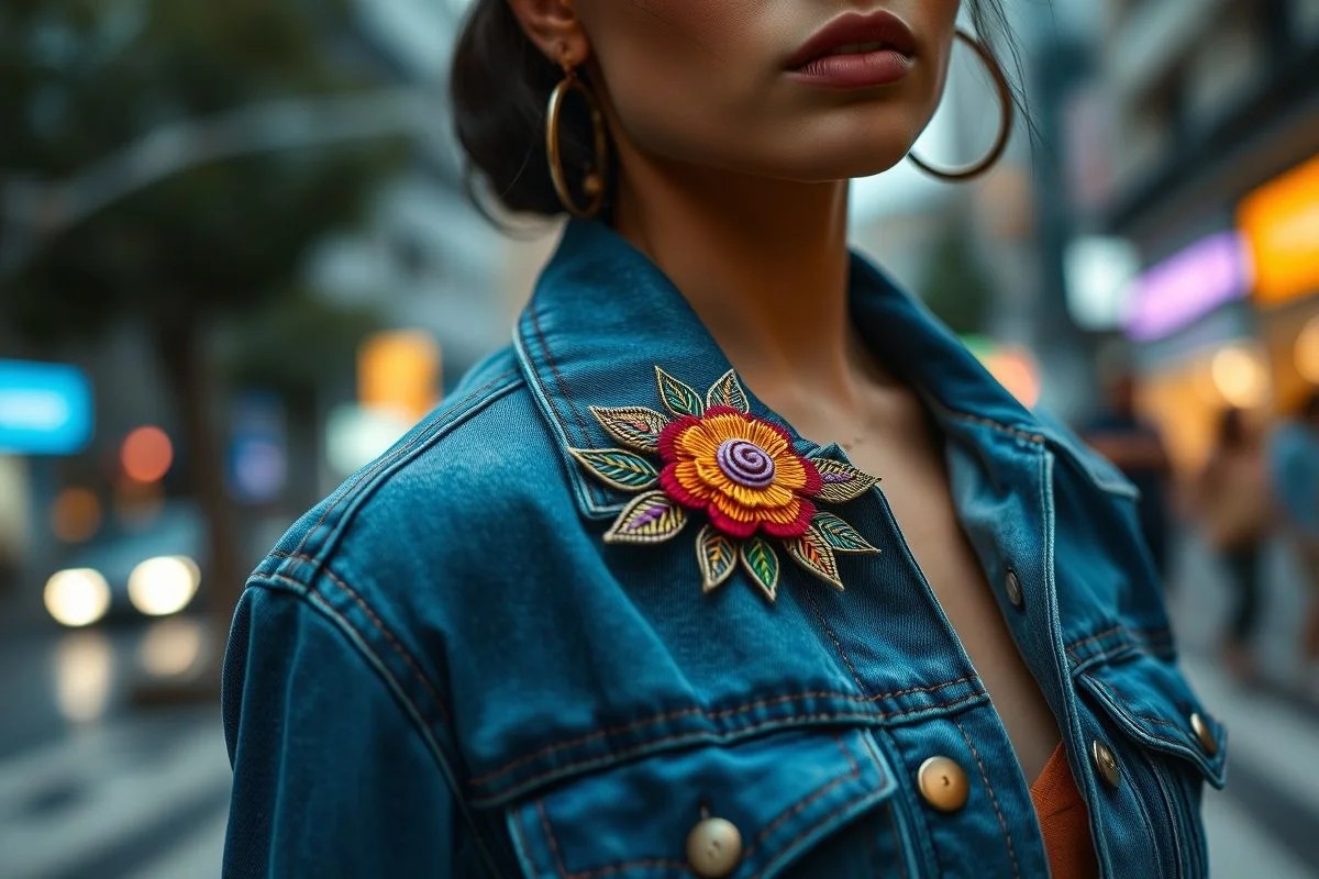 Mulher estilosa usando broche de fuxico artesanal em jaqueta jeans, moda brasileira criativa.