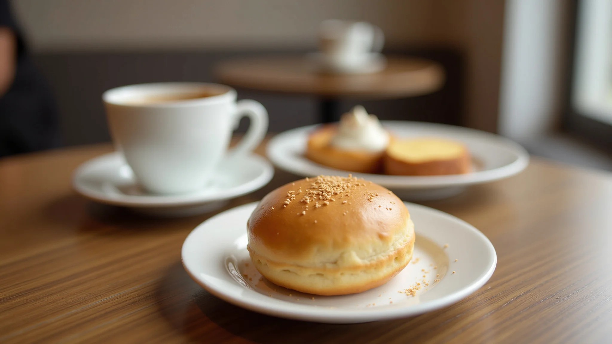 Mesa com pão de queijo, doce de leite e café em café charmoso em Mariana, Minas Gerais.