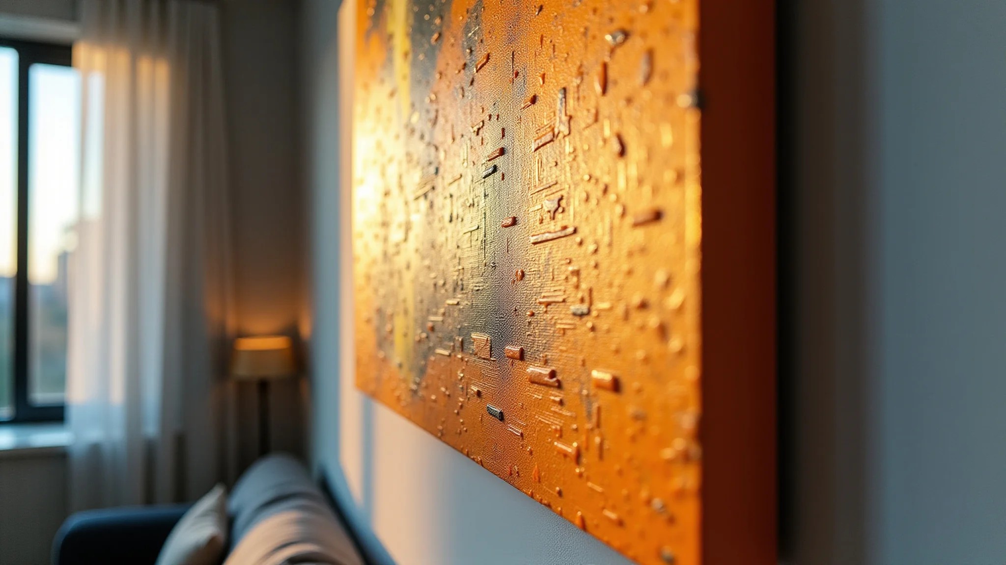 Detalhe de pintura abstrata texturizada com pinceladas ousadas em sala moderna.