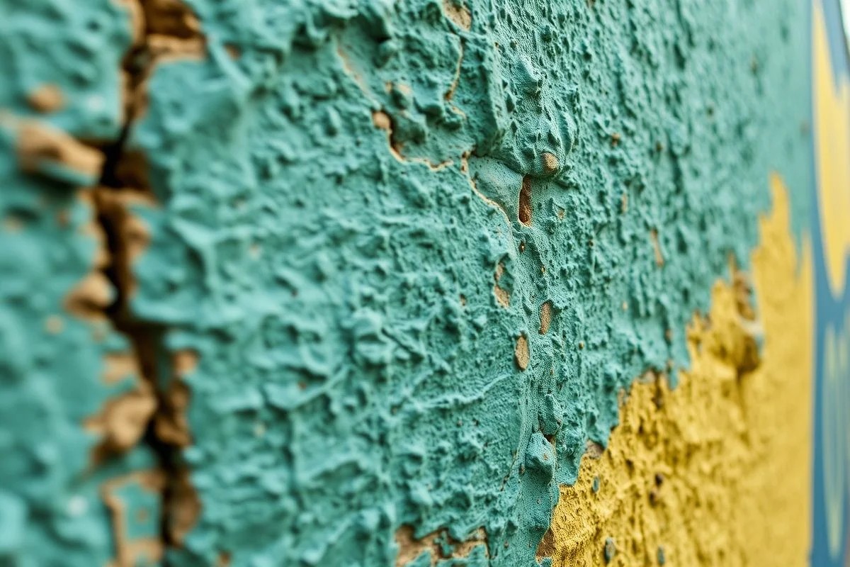 Detalhe de parede externa texturizada com tinta acrílica de alta qualidade.