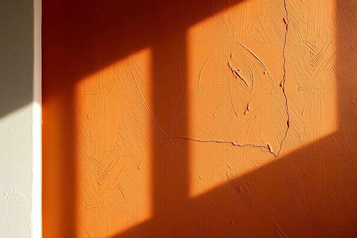Detalhe de parede texturizada em tom terracota.