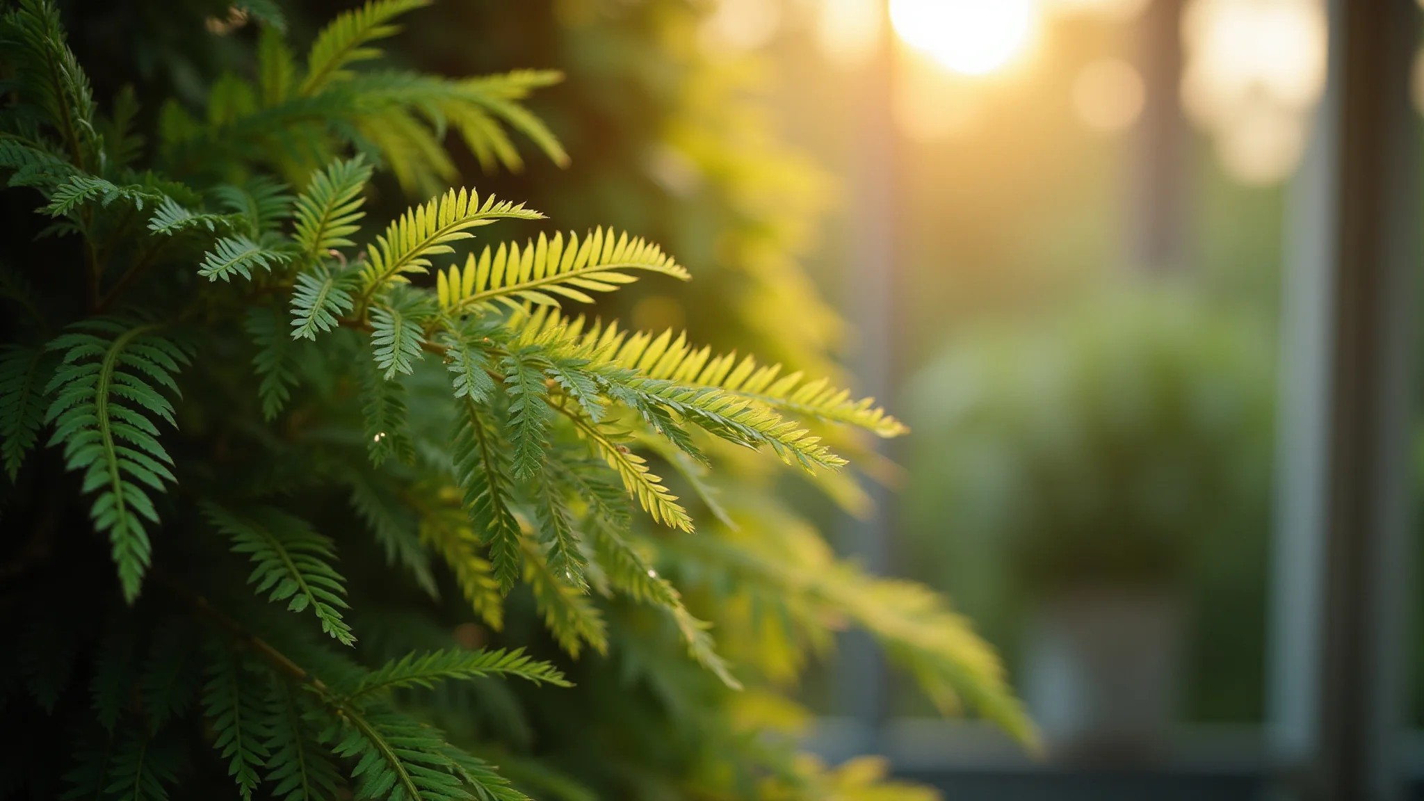 Samambaia exuberante em um jardim vertical, detalhe das folhas delicadas.