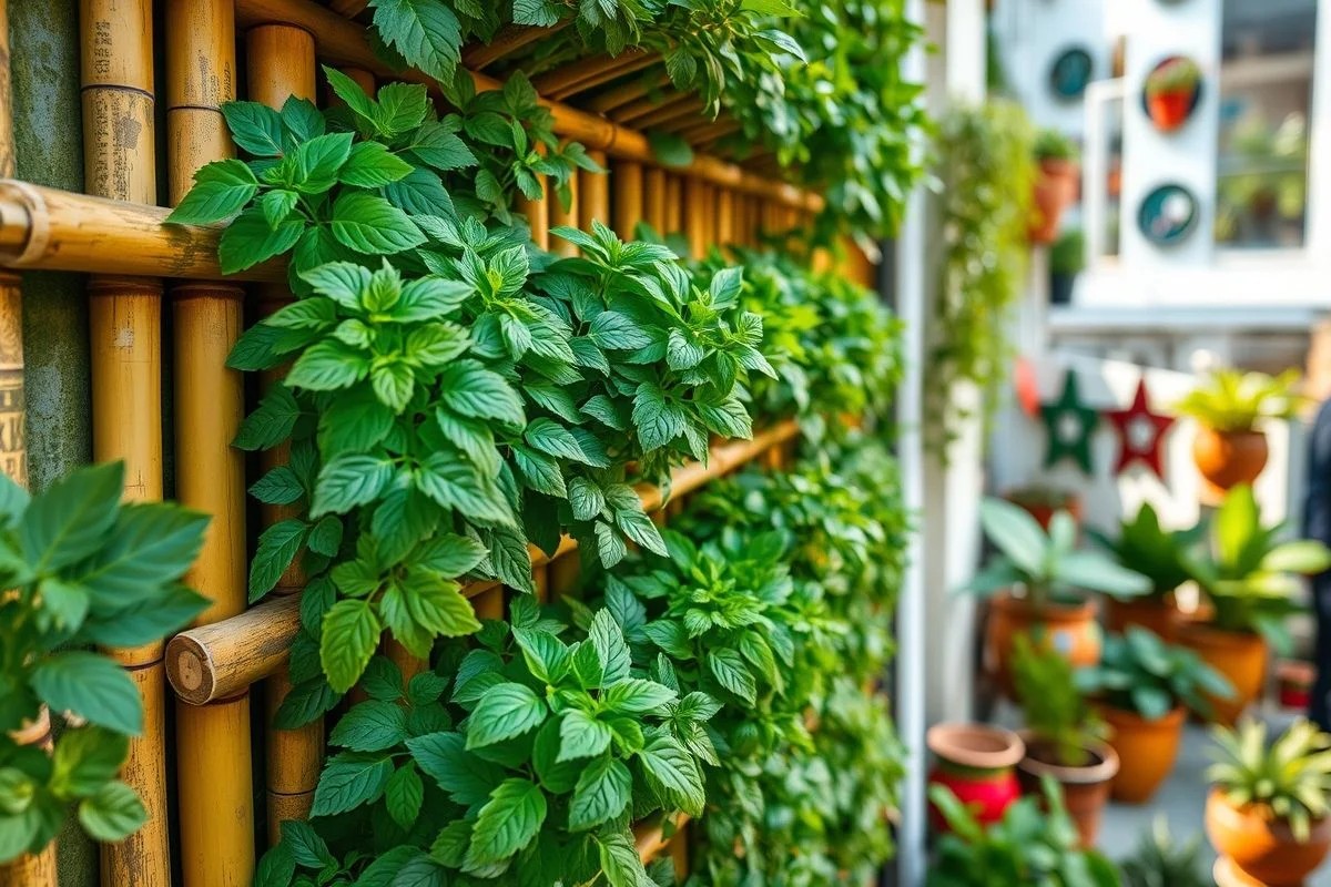 Horta vertical de bambu com manjericão e salsinha, ideal para pequenos espaços no Brasil.