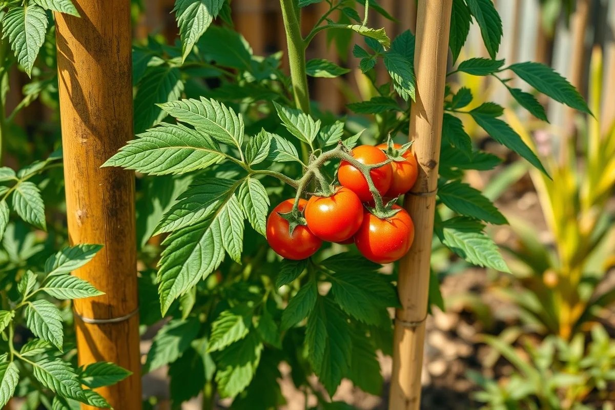 Planta de tomate com suporte de bambu, horta brasileira.