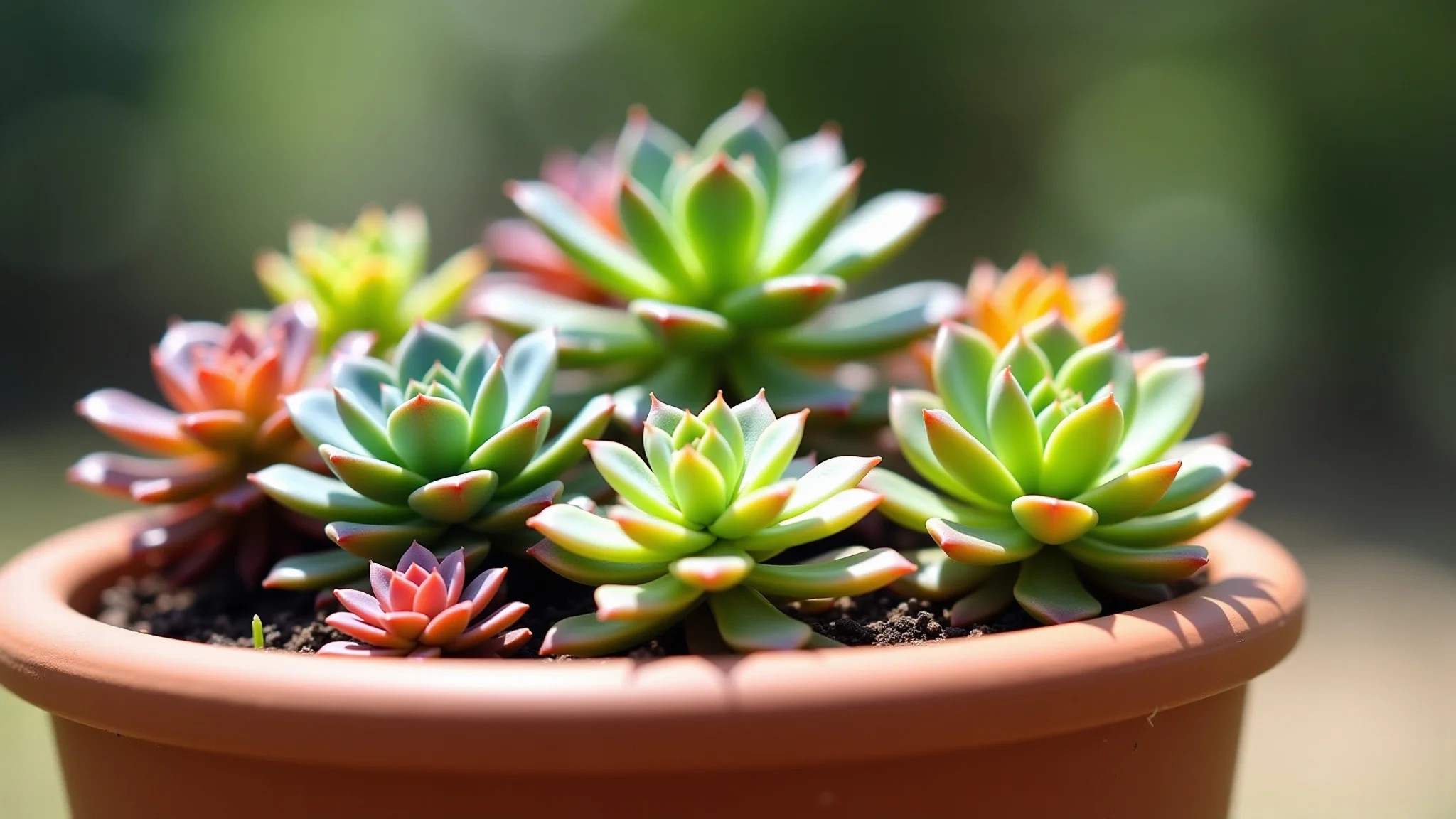 Variedade de suculentas e cactos coloridos em vaso de terracota.
