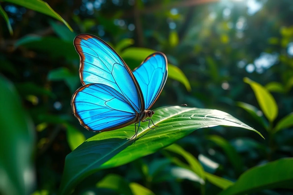 Borboleta Morpho azul vibrante pousada em folha verde na floresta tropical brasileira.