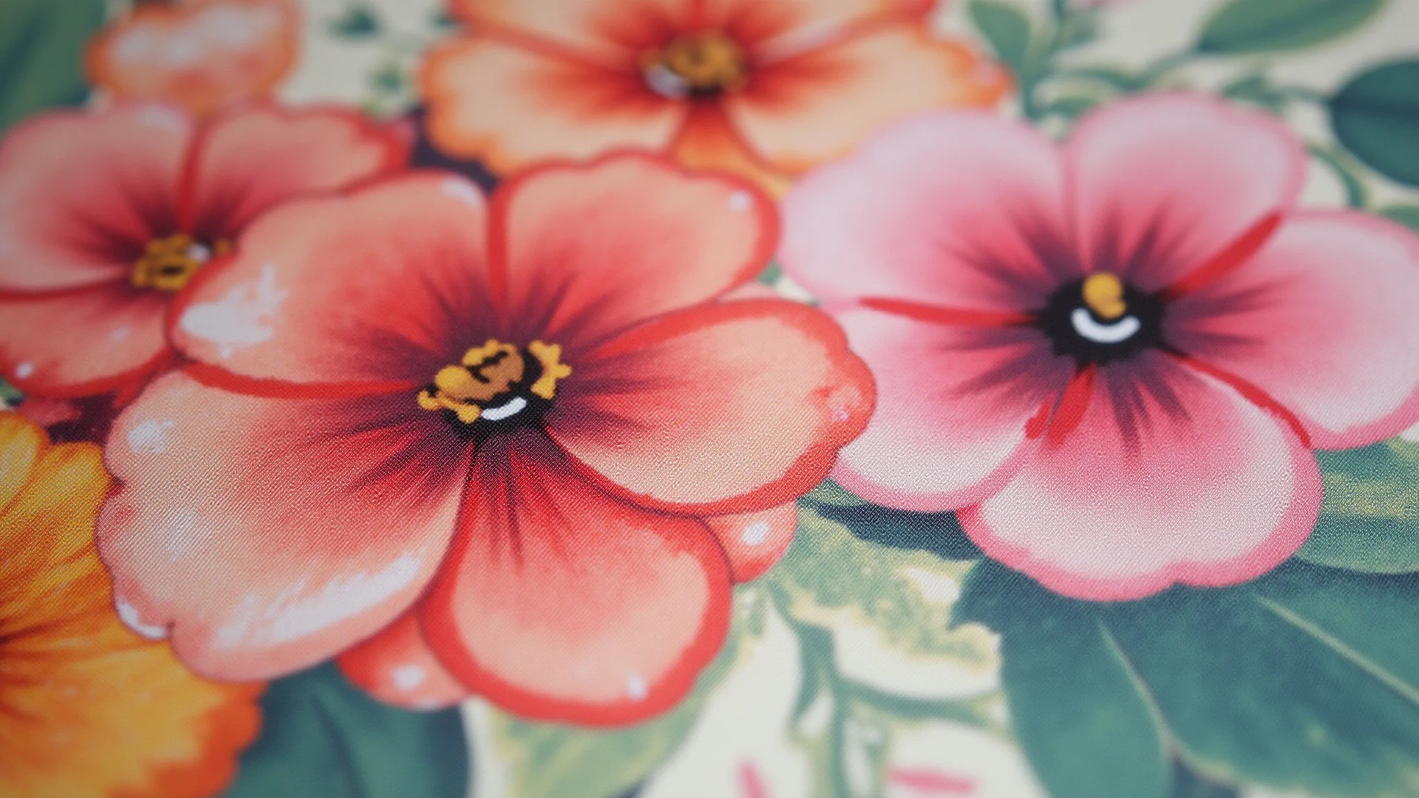 Detalhe de tecido com estampa floral vibrante.
