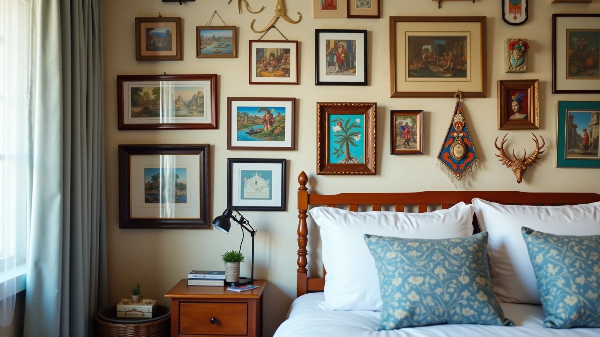 Parede de galeria vibrante em quarto com arte, fotos e artesanato brasileiro.
