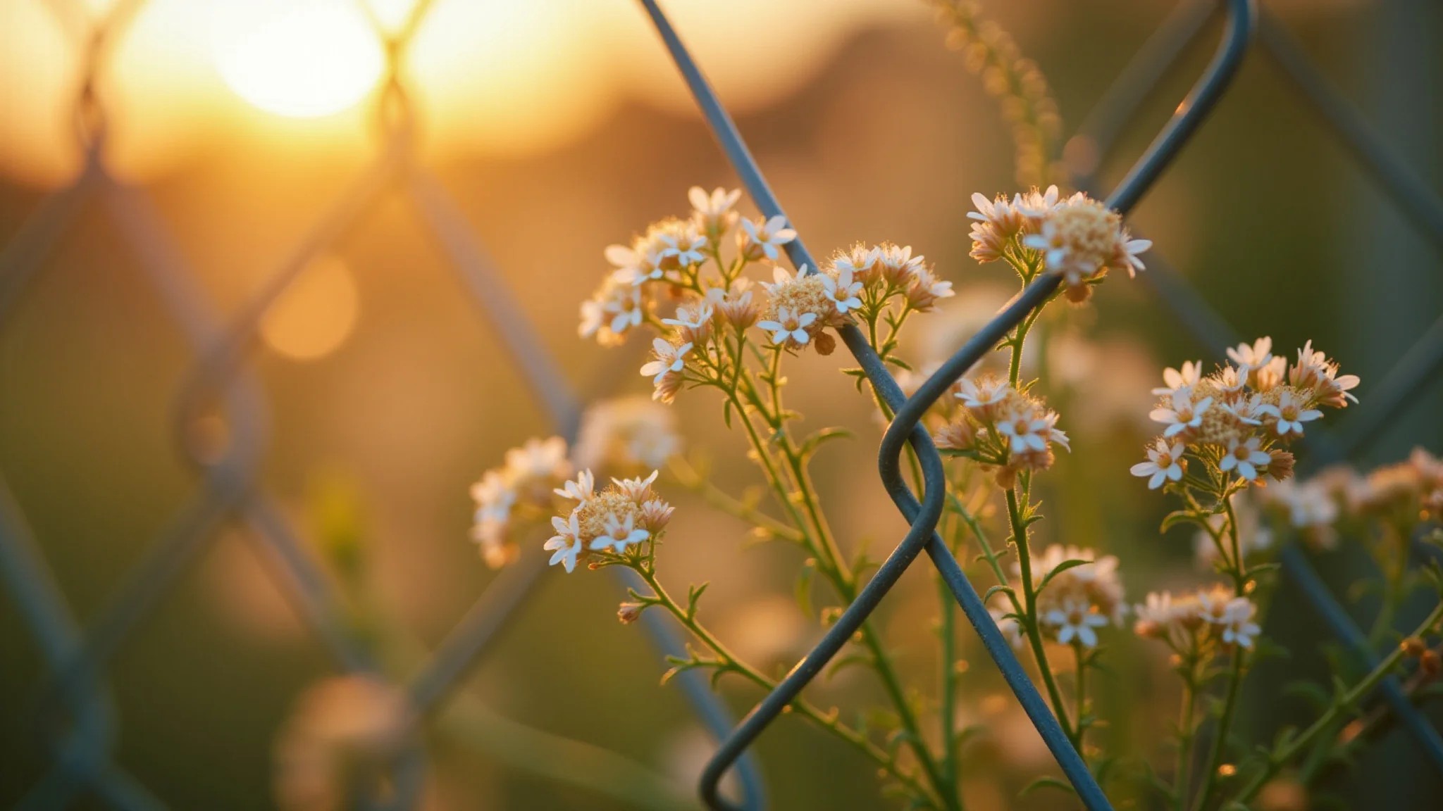Detalhe de uma cerca viva de Murta florida, com flores brancas e delicadas.