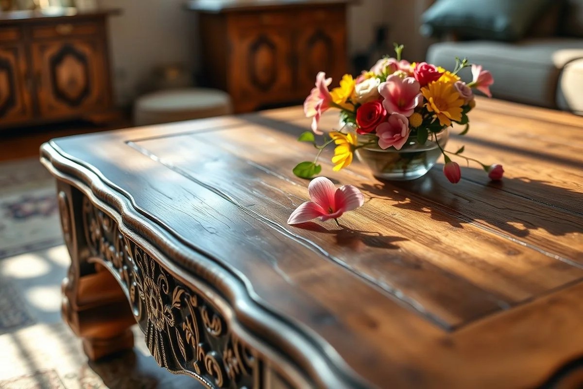 Mesa de centro vintage restaurada com detalhes florais.