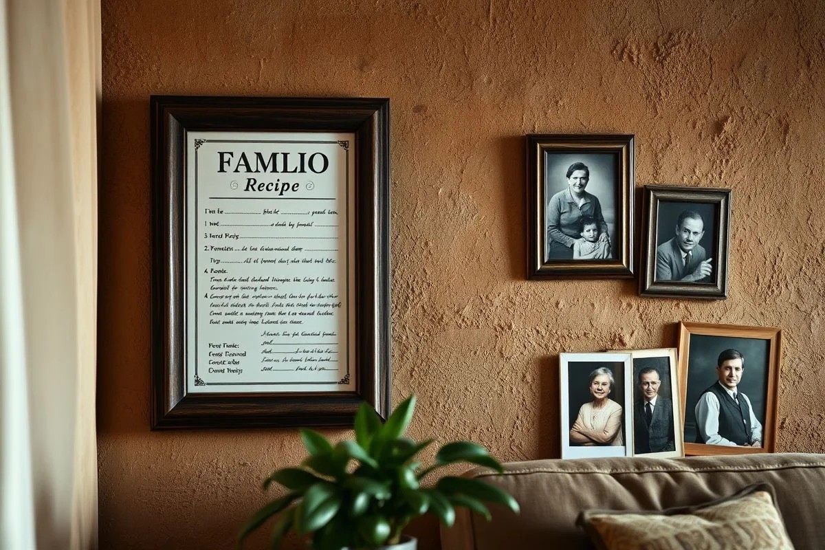 Receita de família emoldurada ao lado de fotos de avós