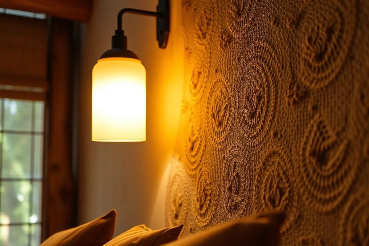 Abajur com luz quente em sala de estar brasileira, criando ambiente relaxante.