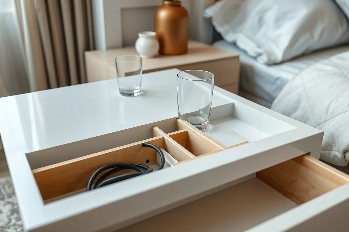 Mesa de cabeceira organizada com divisórias e tampo limpo em quarto brasileiro moderno.