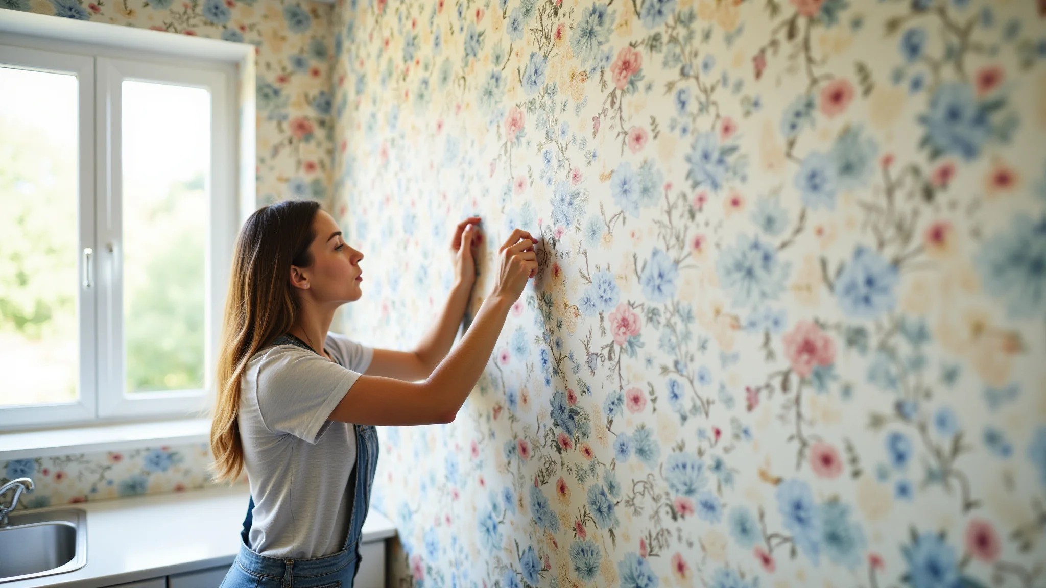 Mulher aplicando papel de parede floral em cozinha bem iluminada.