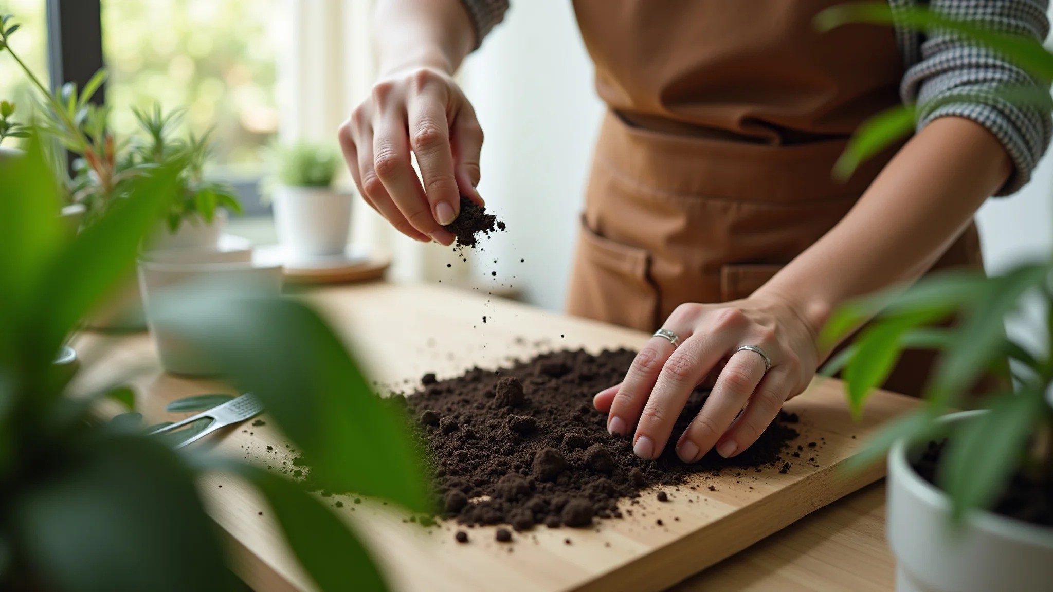 Mulher misturando componentes do substrato para plantas de interior.