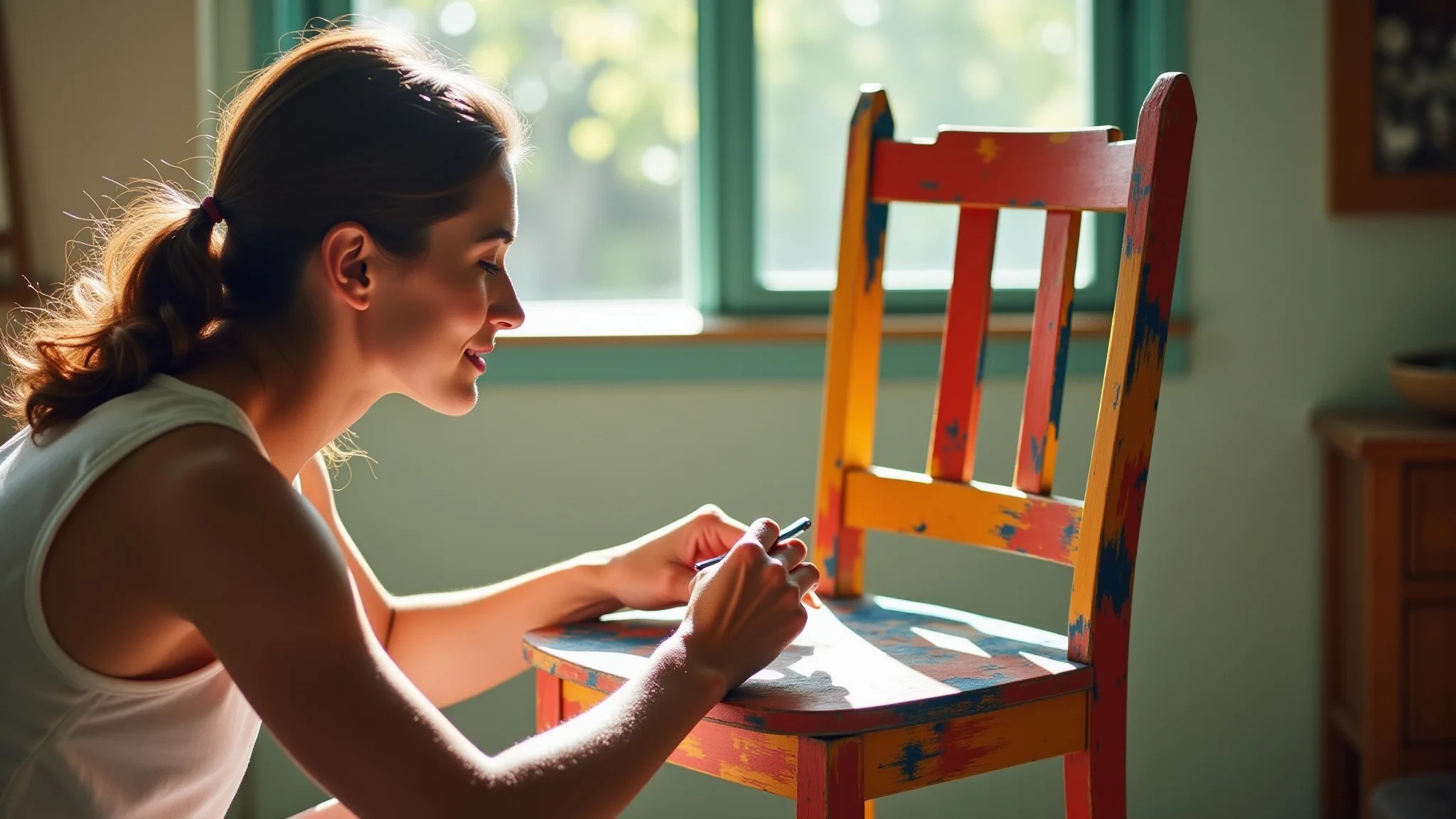 Mulher pintando cadeira de madeira com cores vibrantes para decoração DIY.