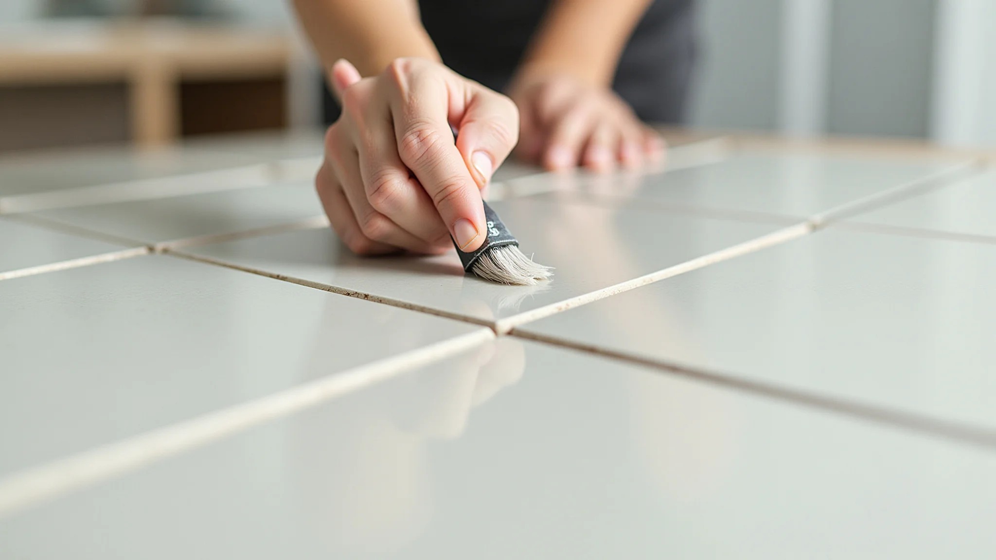 Mulher pintando azulejos da cozinha com tinta especial, close-up.