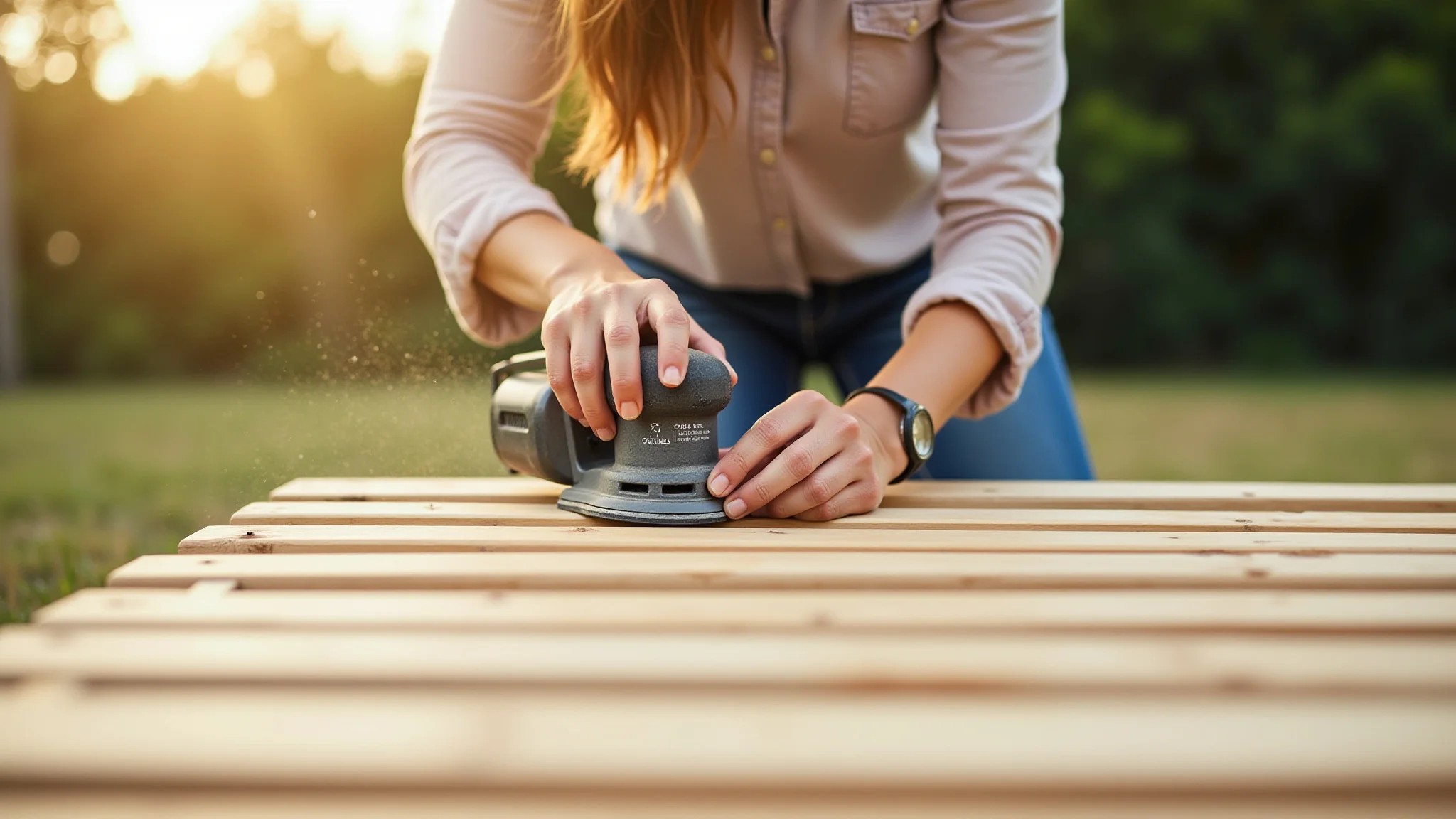 Mulher lixando um pallet ao ar livre, preparando-o para um projeto de sofá DIY.