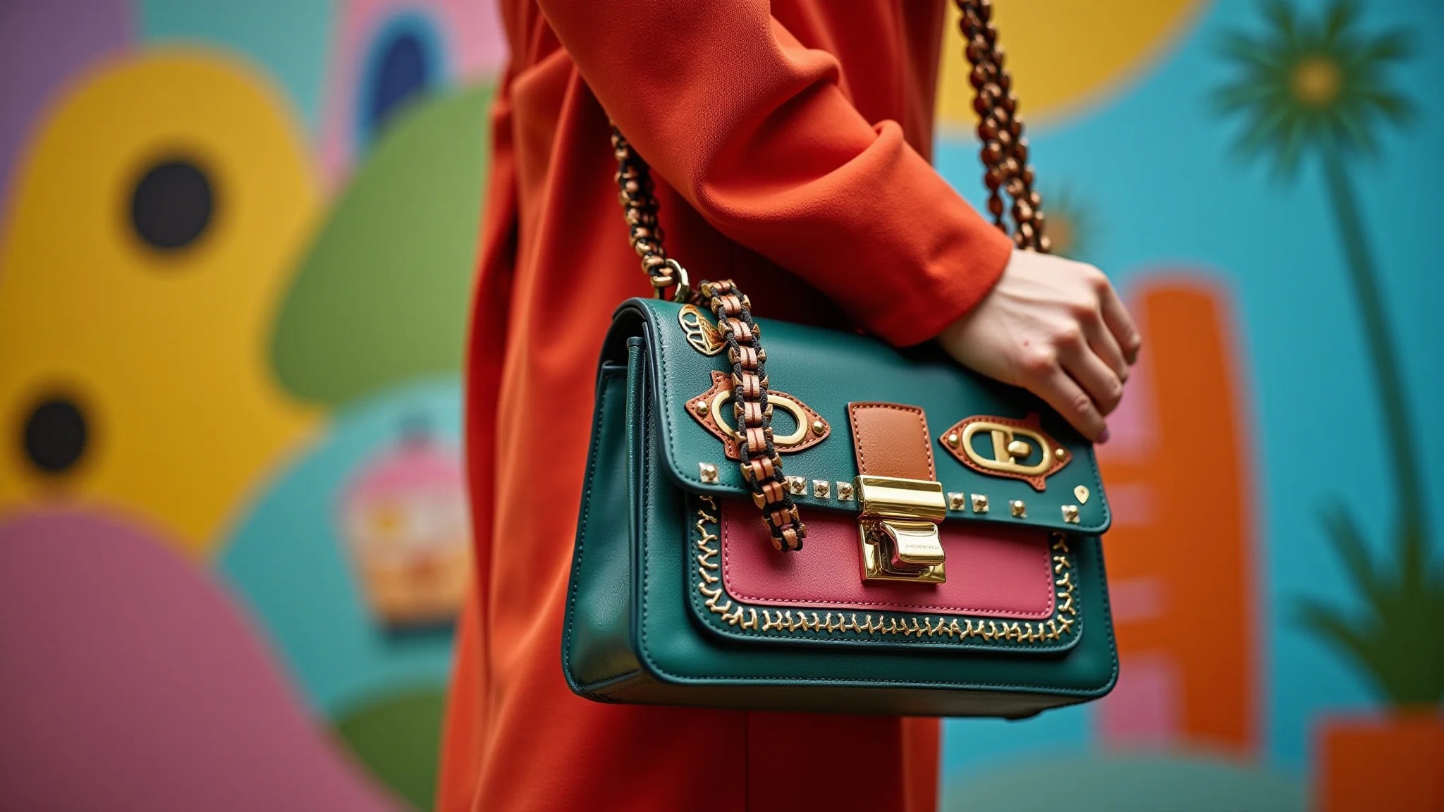 Detalhe da mão de uma mulher segurando uma bolsa statement em um vibrante cenário brasileiro.