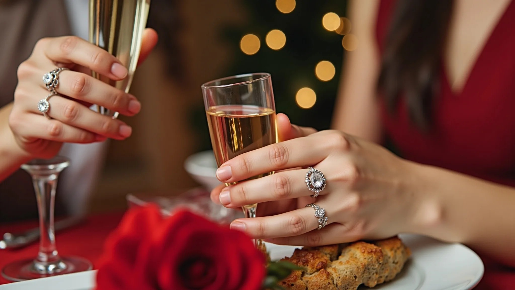 Detalhe da mão de uma mulher com joias delicadas segurando uma taça de champanhe.