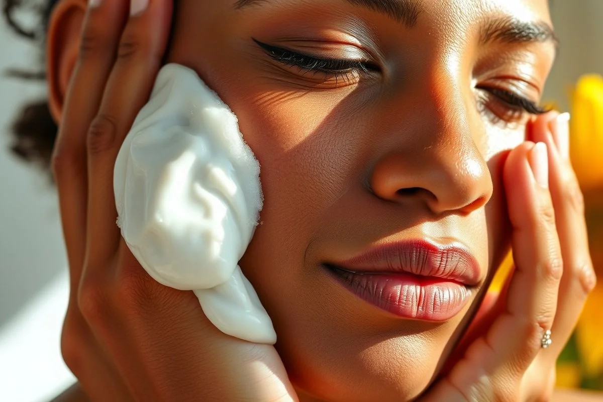Mãos de mulher aplicando sabonete facial suave em movimentos circulares para limpeza da pele.