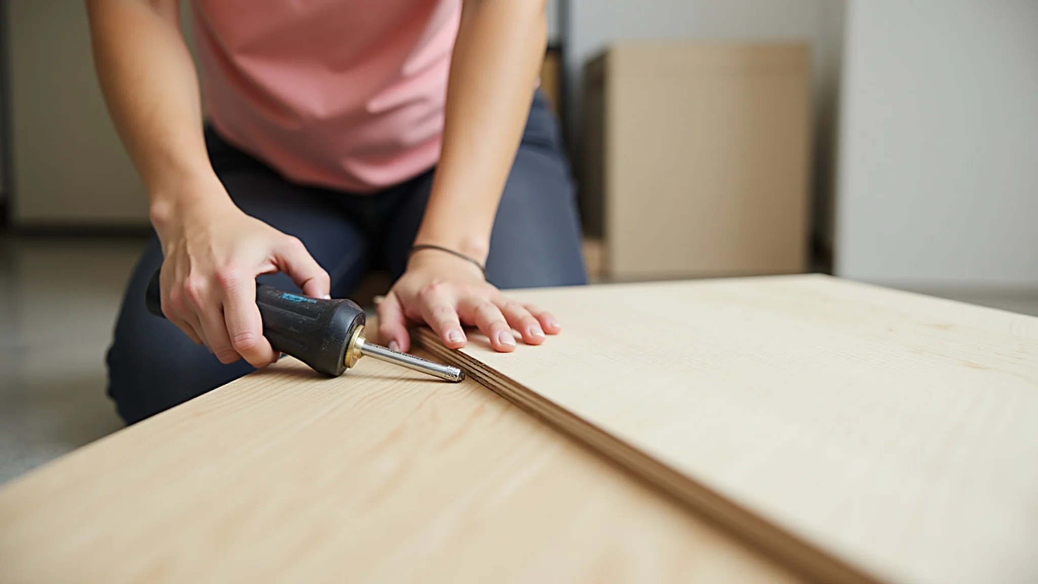 Mãos montando painel de TV DIY com ferramentas simples e MDF.