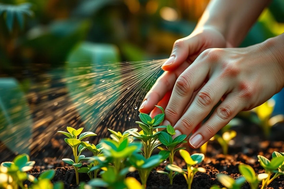 Mãos femininas regando mudas delicadamente, cuidado com plantas no Brasil