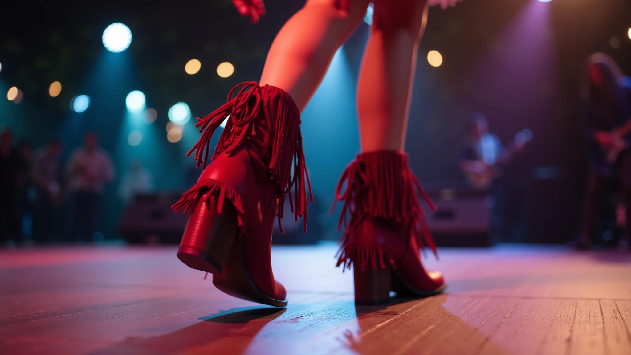 Detalhe de bota com franjas em show sertanejo.