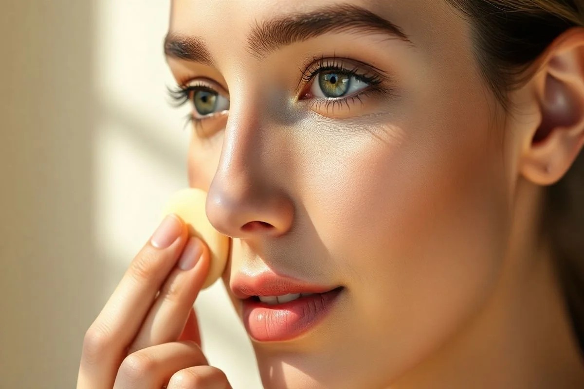 Mulher brasileira aplicando base leve com esponja para maquiagem natural.