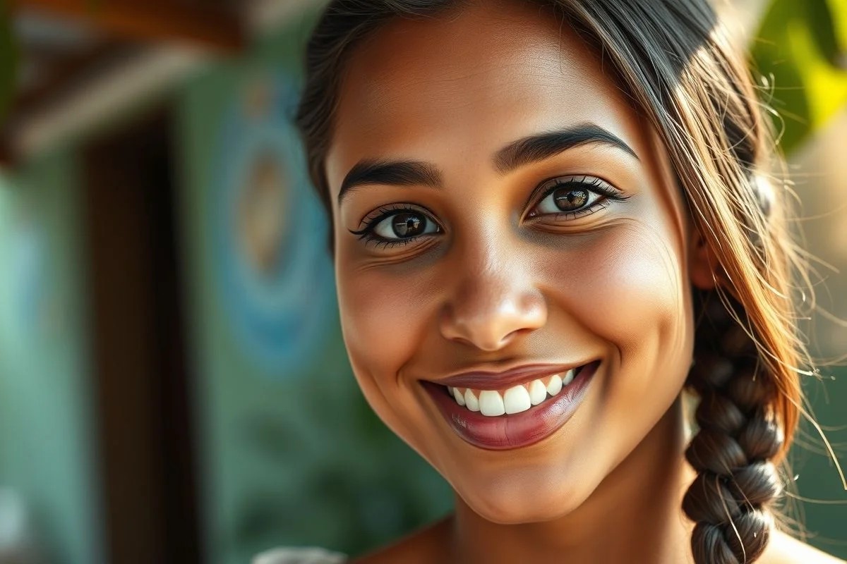 Mulher sorrindo com trança lateral simples, cabelo bem cuidado e visual moderno.