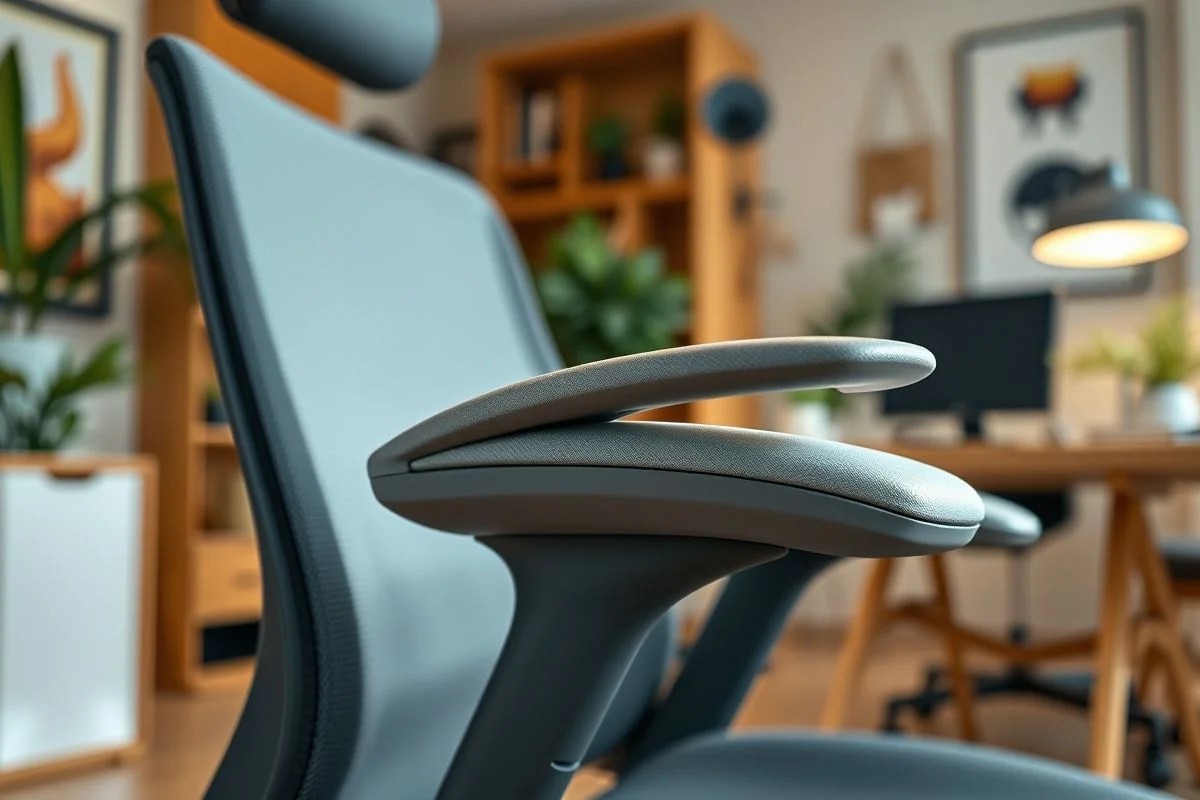 Detalhe dos apoios de braço ajustáveis de uma cadeira ergonômica moderna.