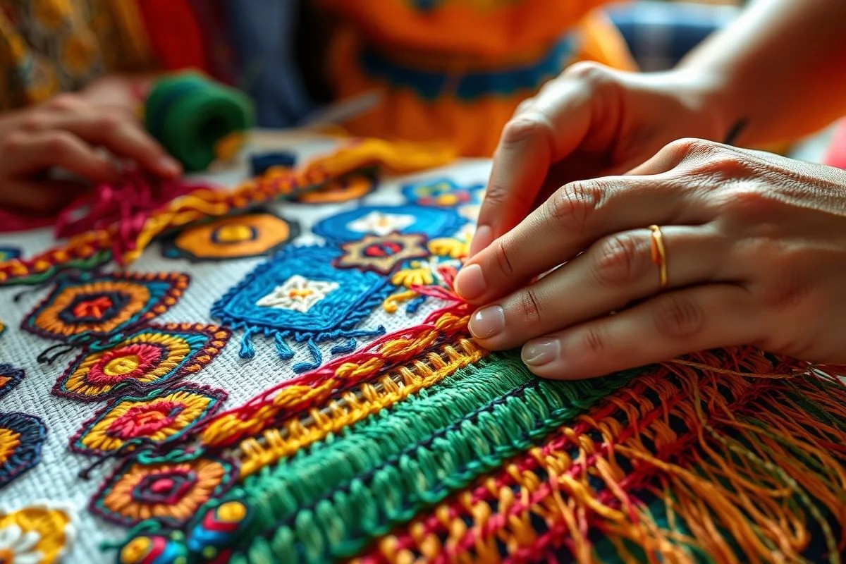Mãos habilidosas bordando artesanato colorido, representando a rica tradição artesanal brasileira.