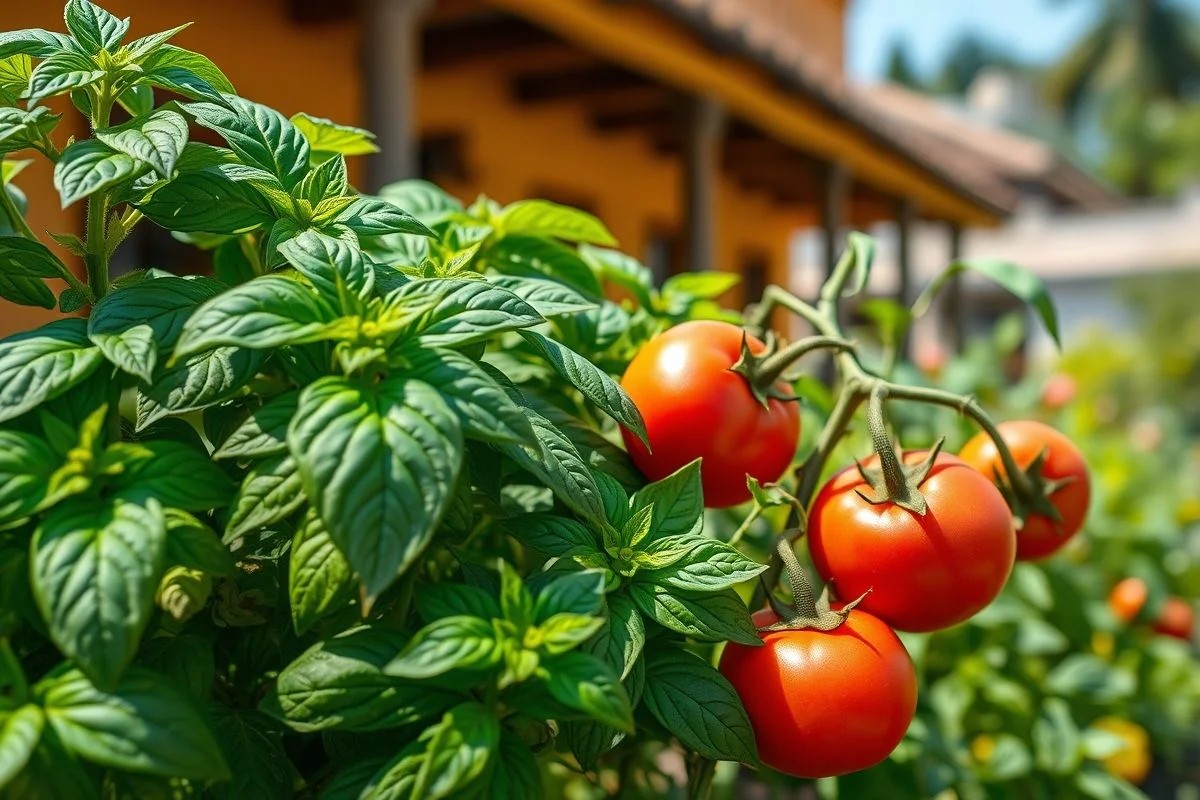 Manjericão e tomate plantados juntos, estratégia de plantas companheiras.