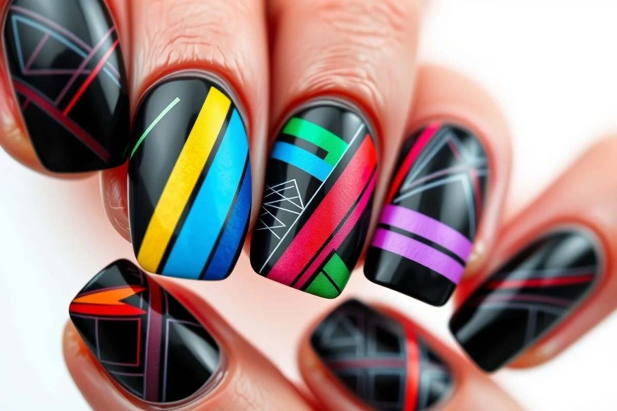 Unhas pretas com desenhos geométricos coloridos, nail art.