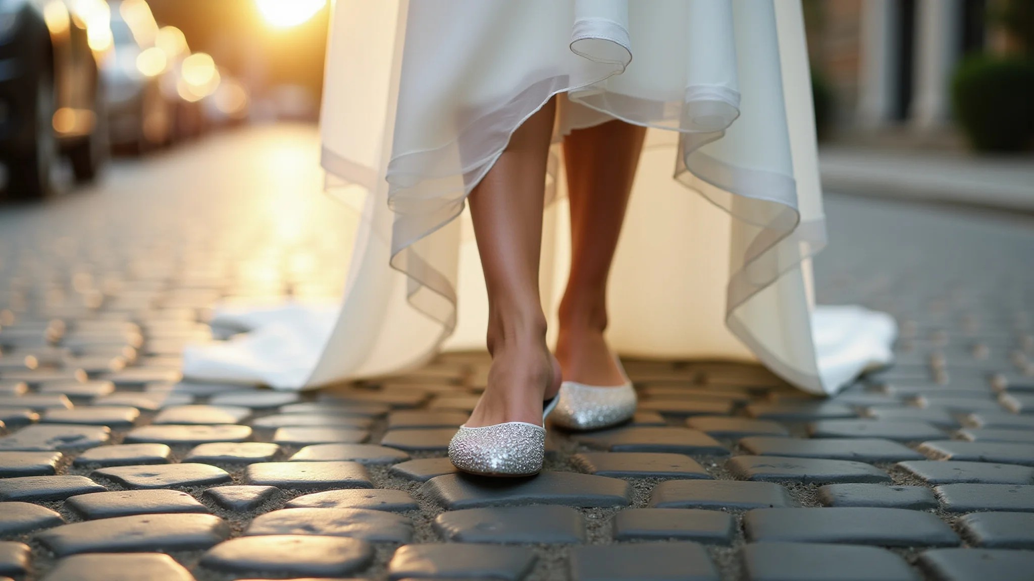 Pés da noiva em sapatilhas de casamento confortáveis, caminhando na rua de paralelepípedos.