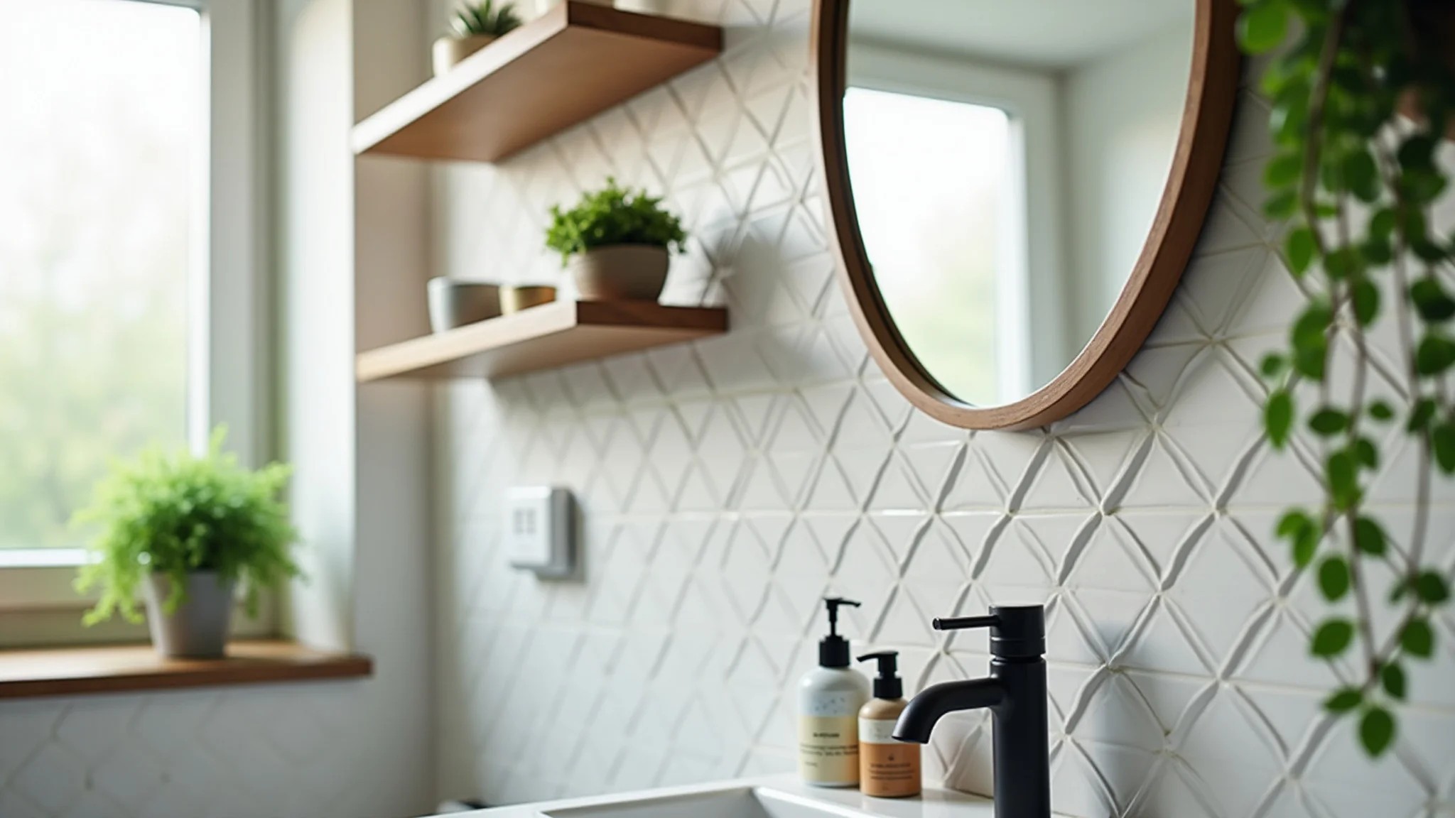 Decoração barata de banheiro: azulejos adesivos, espelho simples e prateleiras com plantas.