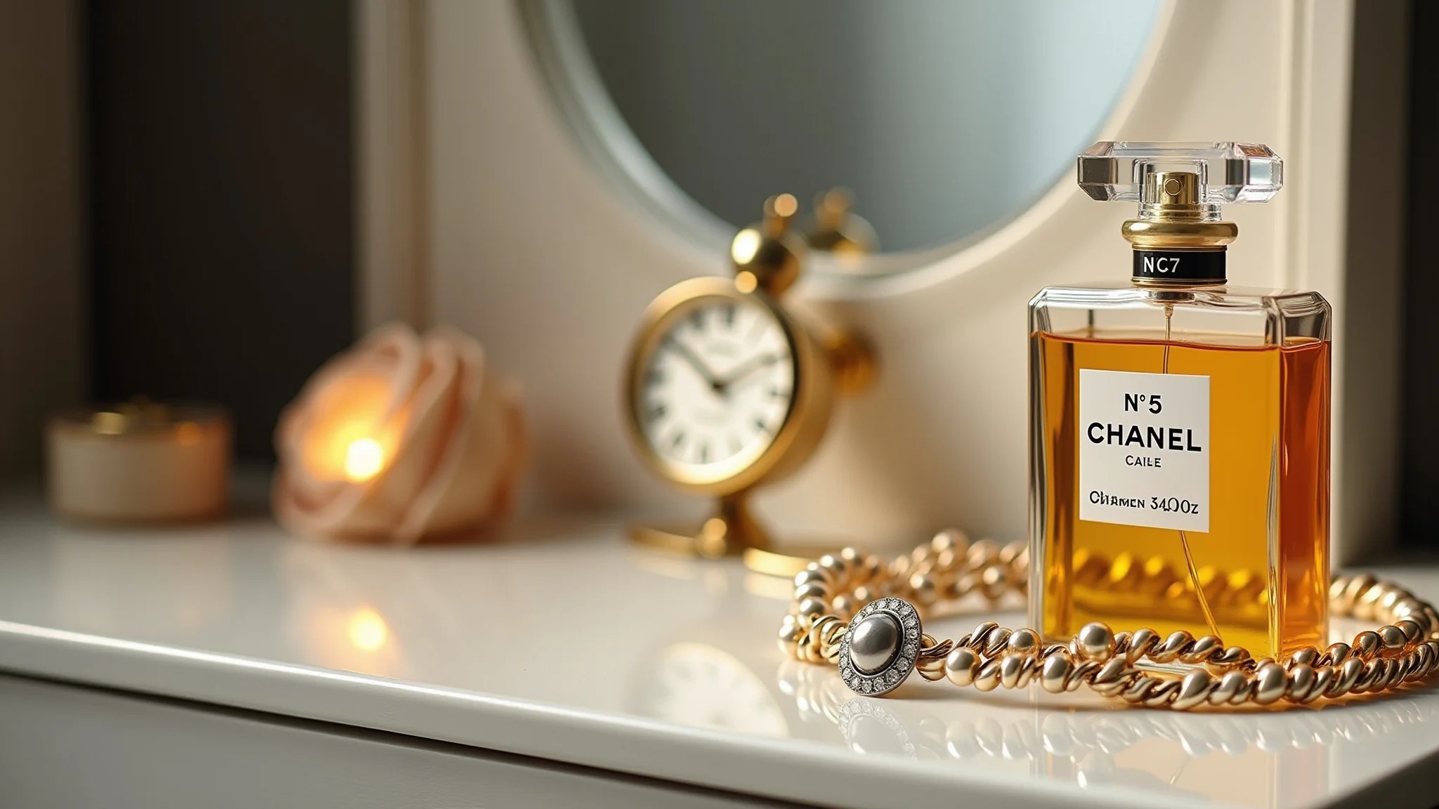 Frasco do perfume Chanel No. 5 em uma penteadeira com joias vintage.