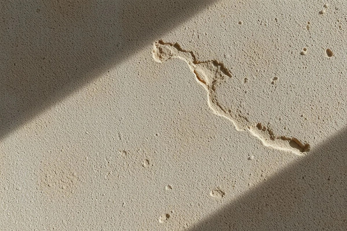 Detalhe da textura do cimento queimado em parede de banheiro com iluminação natural.