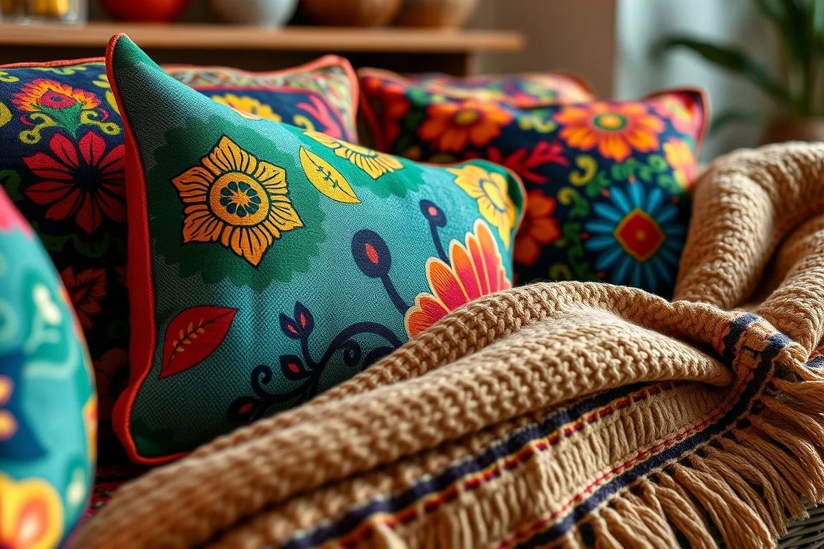 Almofadas coloridas e manta macia em um sofá confortável em sala de estar.