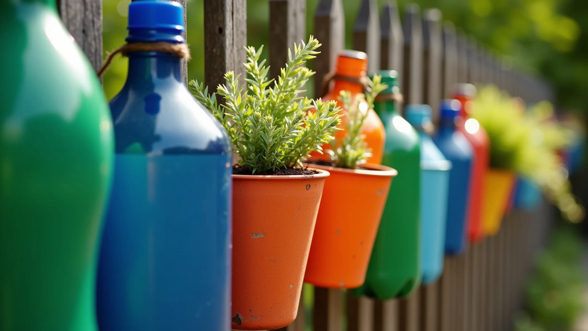 Cachepots coloridos feitos de garrafas PET pendurados em uma cerca, mostrando reciclagem criativa no jardim.