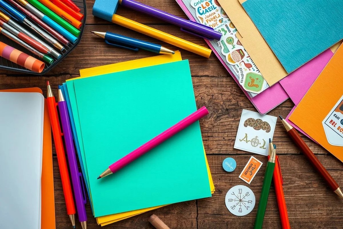 Materiais de papelaria coloridos para correio elegante, representando criatividade e personalização no Brasil
