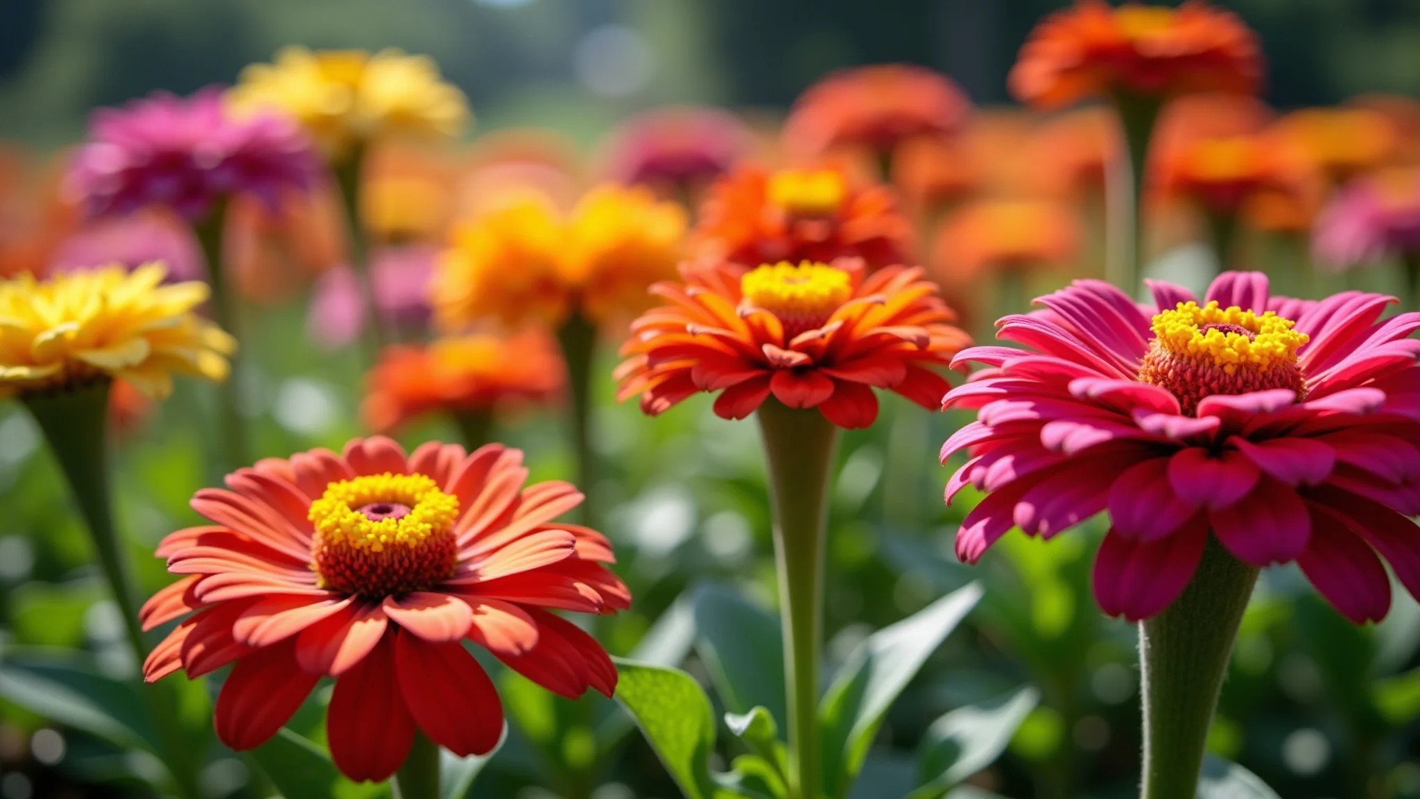Zínias coloridas em um jardim brasileiro, capturadas em alta qualidade e foco.