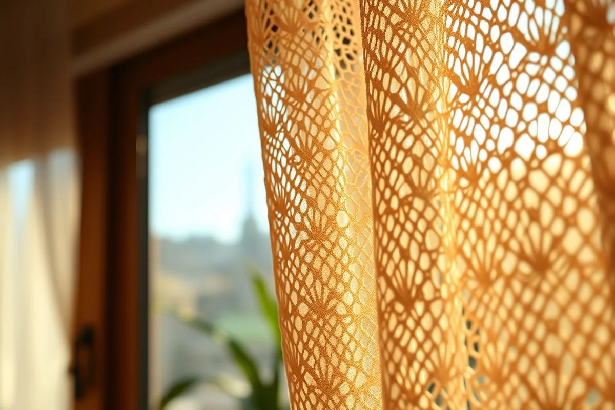 Detalhe cortina crochê artesanal, luz suave, lar brasileiro aconchegante.