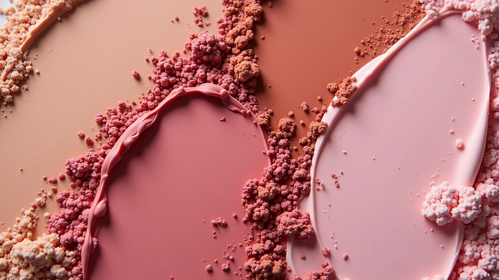 Close-up de diferentes texturas de blush (pó, creme, líquido), cores vibrantes, alta qualidade.