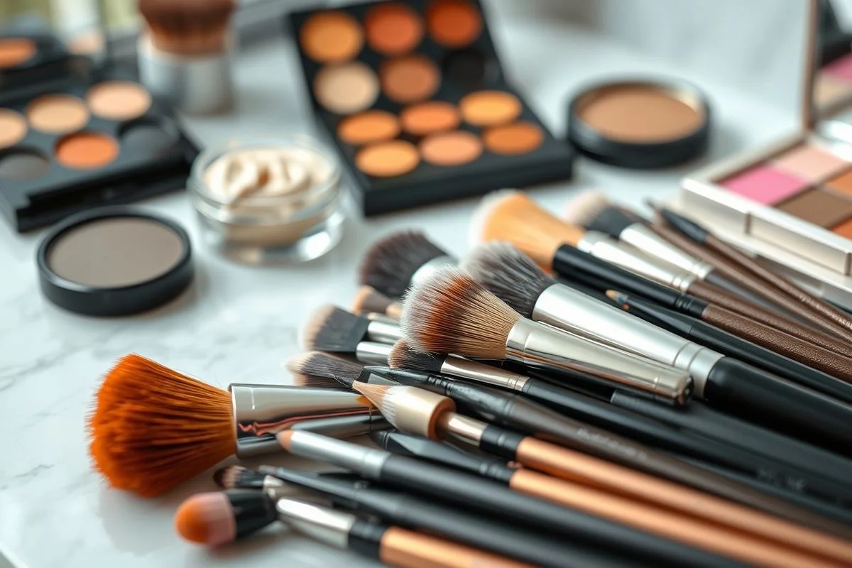 Pincéis de maquiagem (sintético, esfumar, precisão) com sombras cremosas ao fundo.