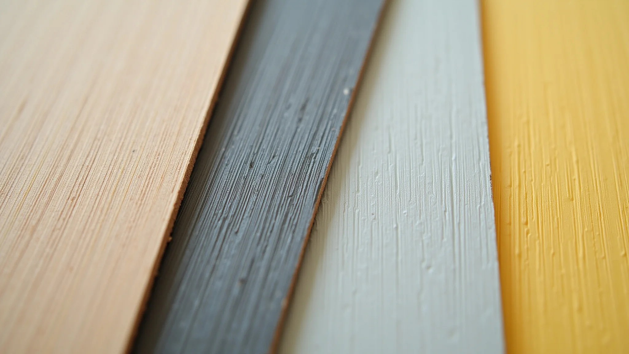 Amostras de MDF com diferentes tipos de tinta (acrílica, esmalte, chalk paint).
