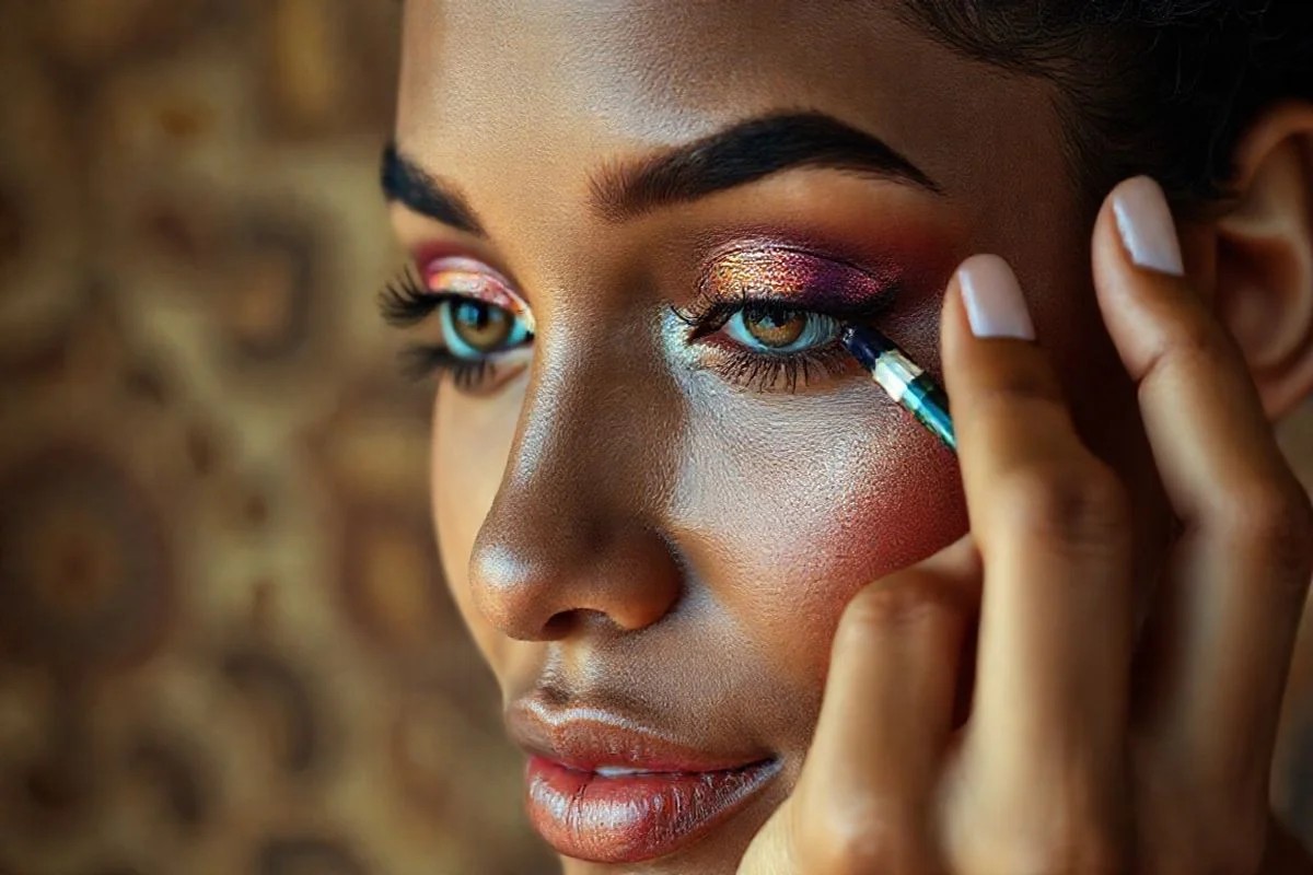 Mulher brasileira aplicando sombra líquida, close-up da maquiagem.