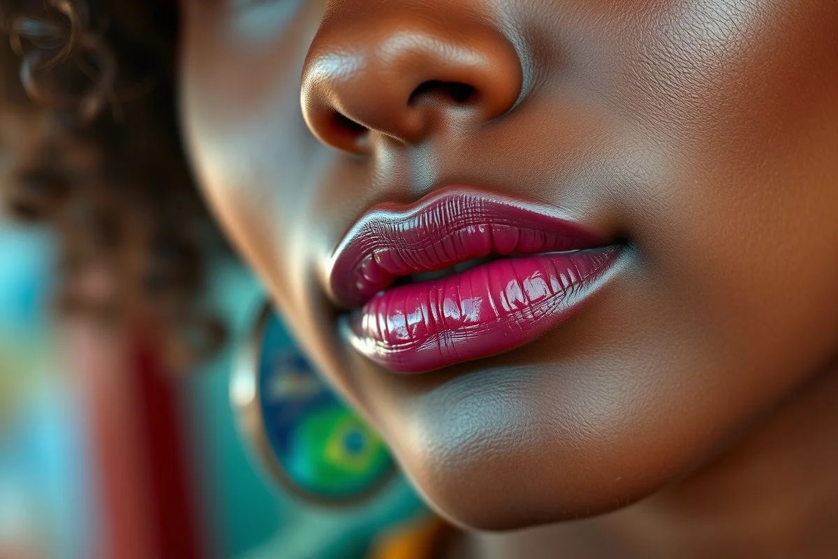 Batom malva em lábios de mulher brasileira, foco na cor e textura